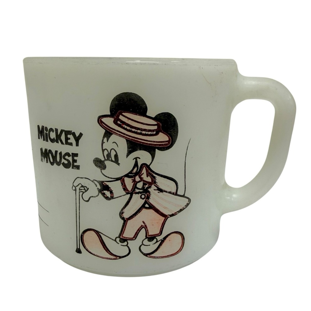 Vintage Anchor Hocking Disney Mickey Mouse Minnie Mouse Cup Mug Milk Glass 3"